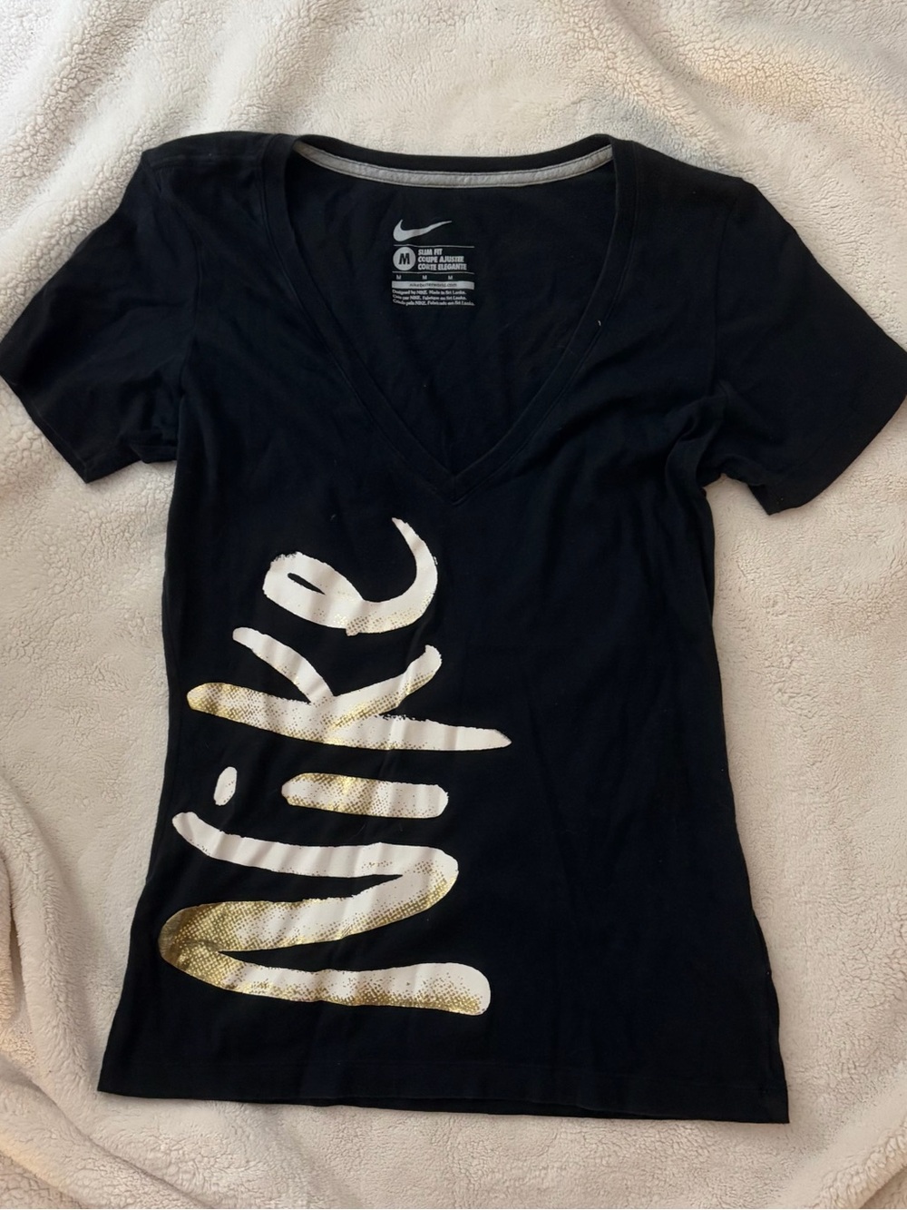 Nike Women's Black V-Neck Tee with Gold Script Graphic